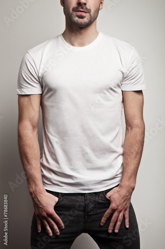 White blank t-shirt on young and handsome man, front © Alex from the Rock