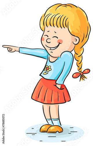 Laughing girl pointing at something