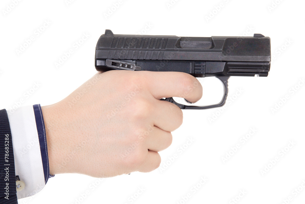 male hand holding gun isolated on white