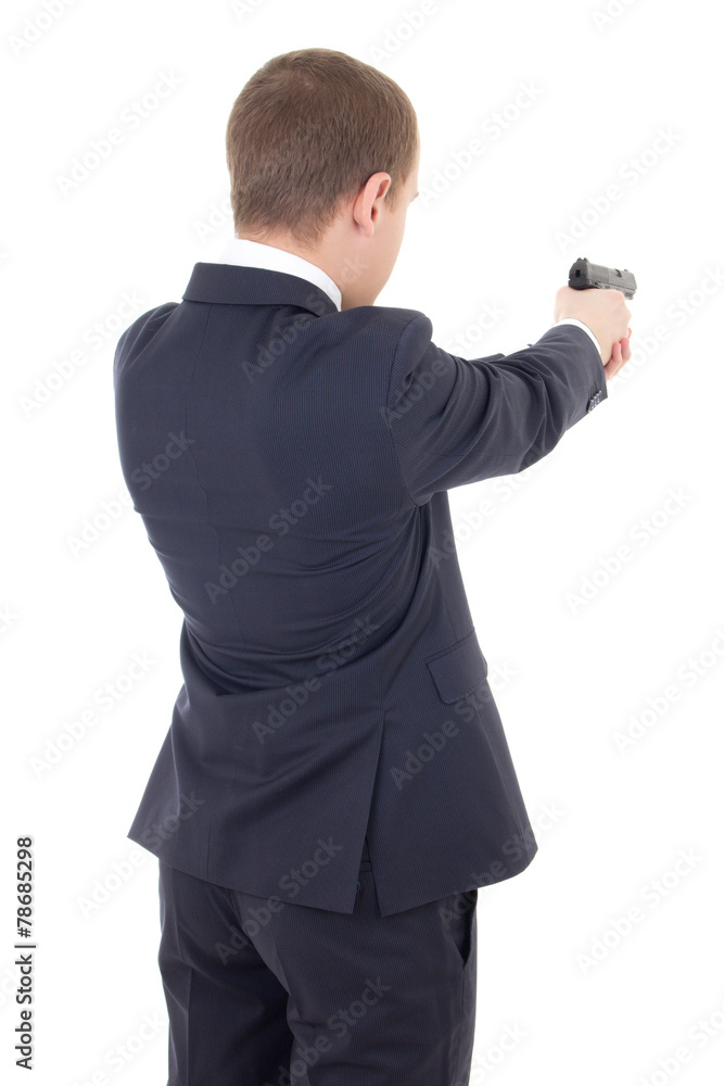 back view of man in business suit shooting with gun isolated on back view of man in business suit shooting with gun isolated on
