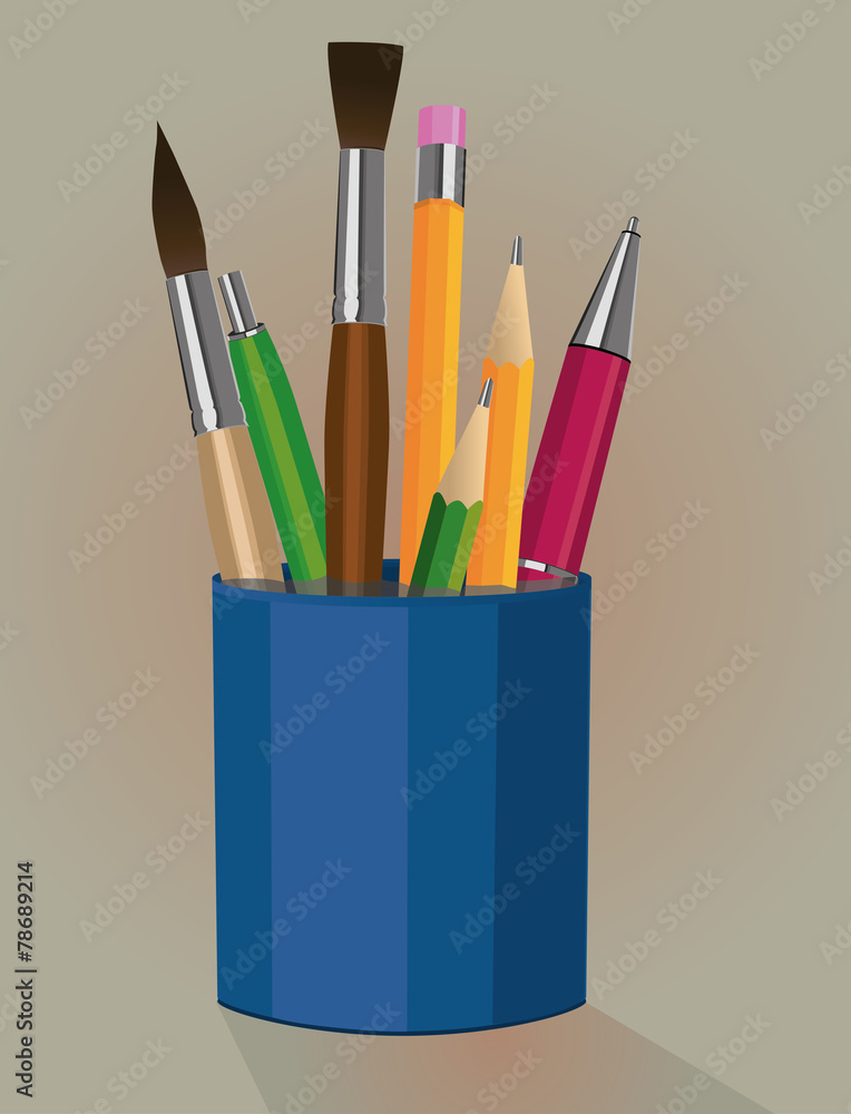 A pen holder with pencils pens and paintbrushes A pen holder with pencils pens and paintbrushes