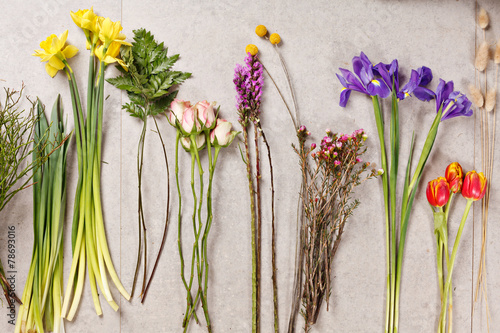 Fototapeta Naklejka Na Ścianę i Meble -  set of flowers for making bouquet with instrument
