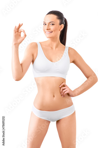 Woman with perfect sim body show Ok sing in white underwear on © chettythomas