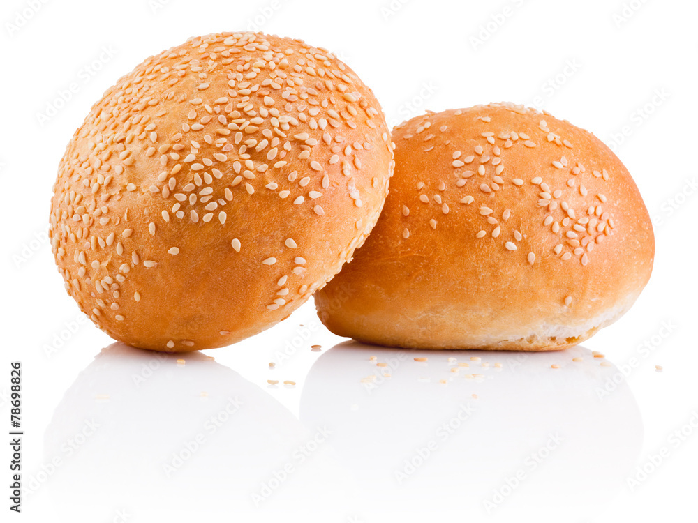 Two sandwich bun with sesame seeds isolated on white background Two sandwich bun with sesame seeds isolated on white background