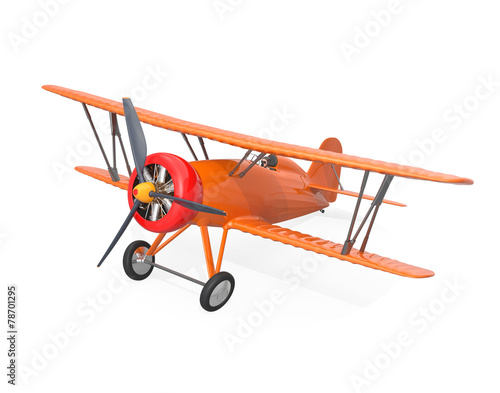 Orange biplane isolated on white background.
