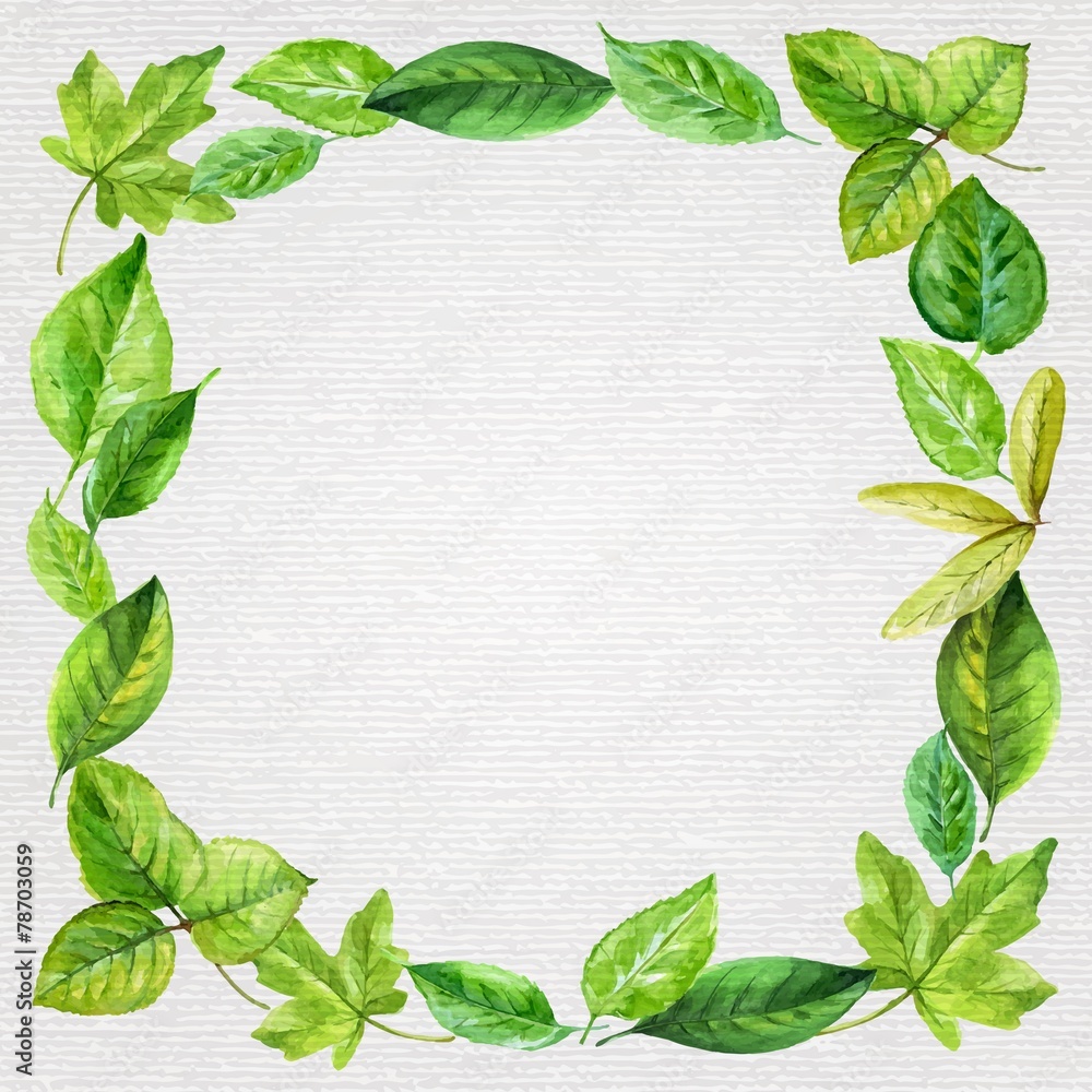 square frame. spring leaves in watercolor. texture of canvas. square frame. spring leaves in watercolor. texture of canvas.