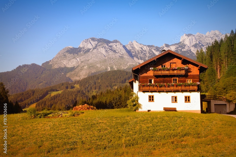 Austria mountain village. Filtered color tone.