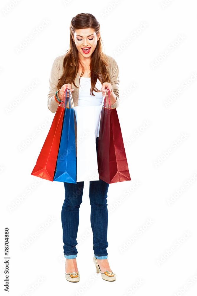 Fashion model with shopping bag. Isolated white background full