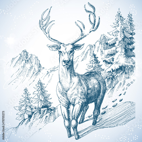 Mountain pine tree forest and deer sketch