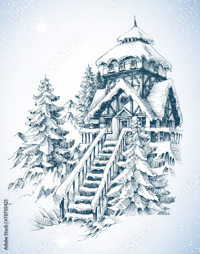 Winter nature, pine trees and house in the snow sketch