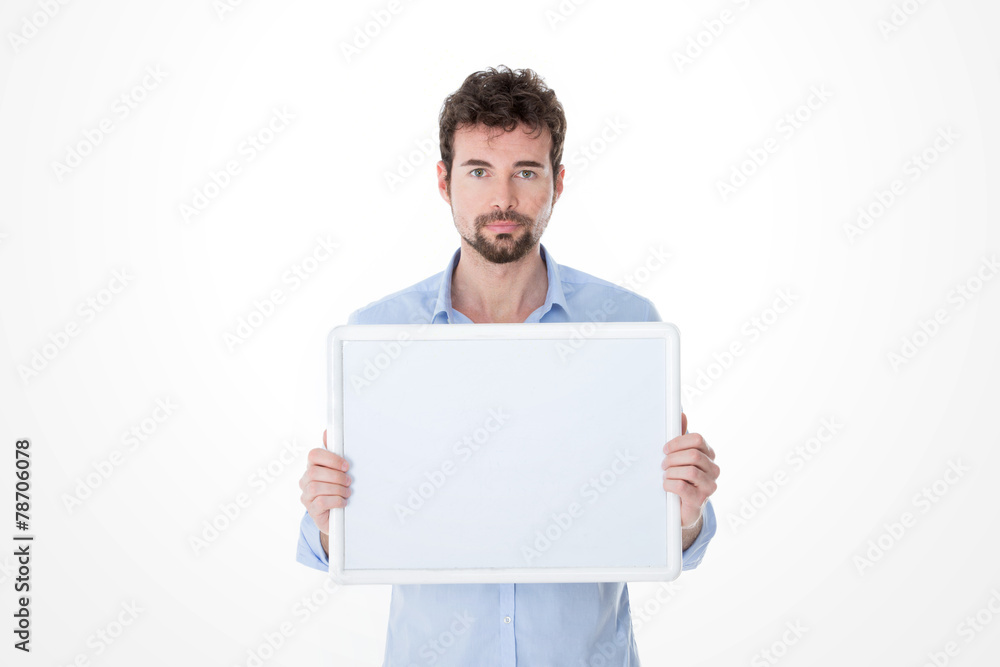 man with goatee holding an empty board man with goatee holding an empty board