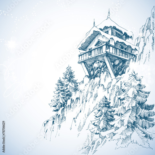 Mountain hut, pine tree forest, winter landscape