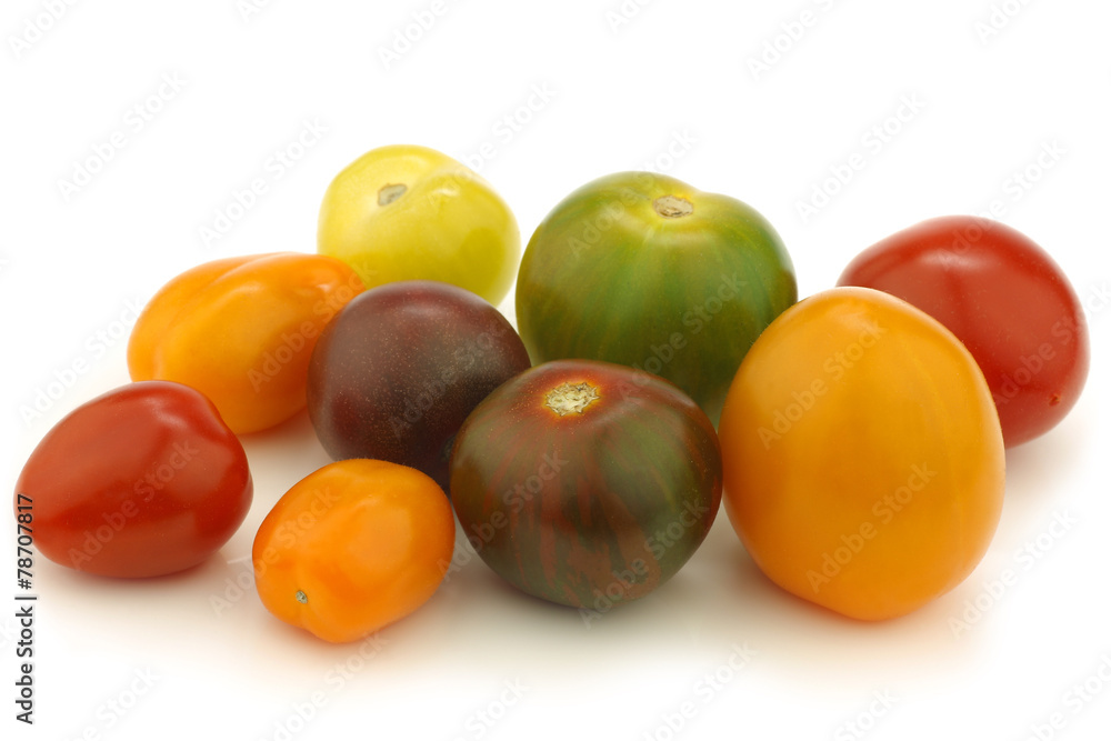 little colorful snack tomatoes on a white background little colorful snack tomatoes on a white background