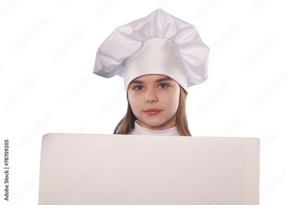 The girl with chef hat indicates with billboard isolated on the white and blue background The girl with chef hat indicates with billboard isolated on the white and blue background