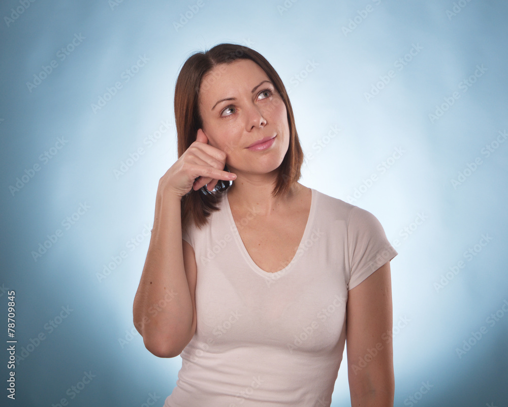 the blond woman with short hair with the index finger isolated the blond woman with short hair with the index finger isolated