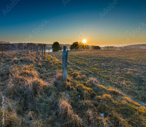 early spring meadow with barbed wire fence at sunset