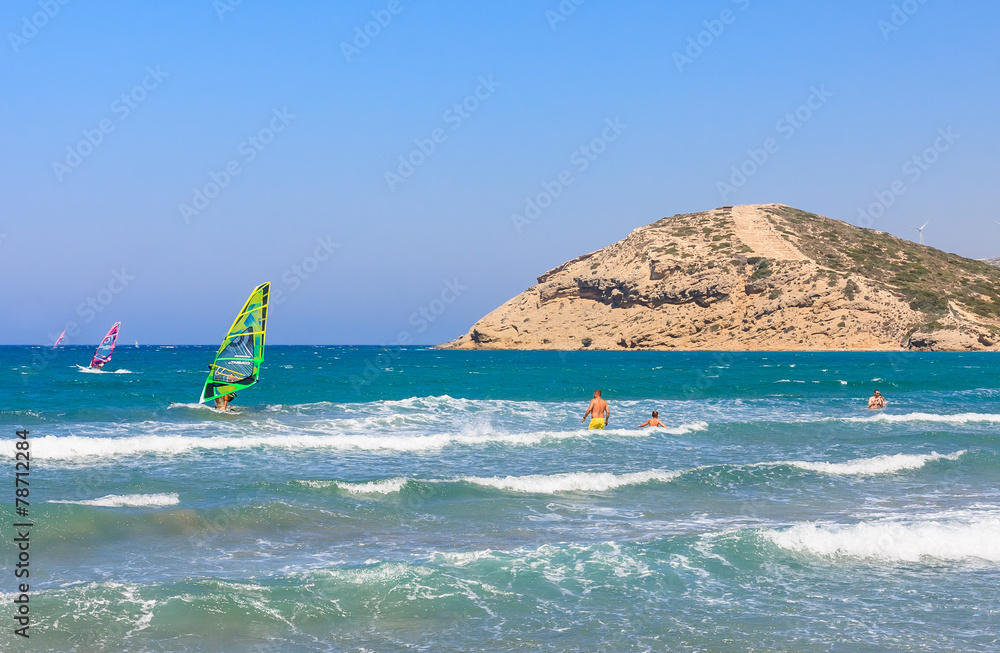 Beach on the isthmus Prasonisi. Rhodes Island. Greece