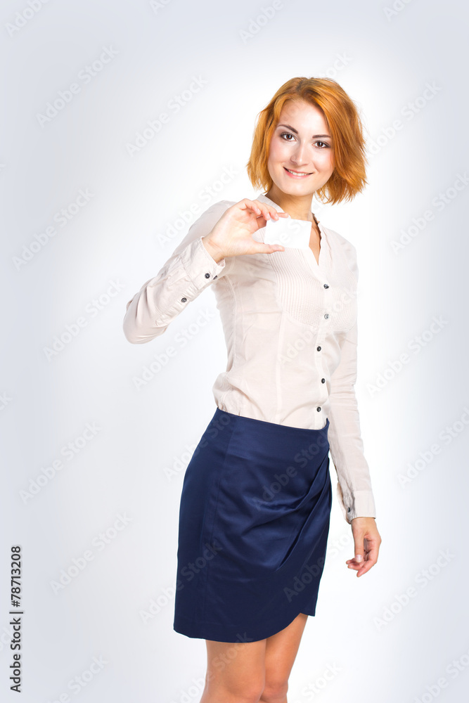 beautiful business woman with white business card beautiful business woman with white business card