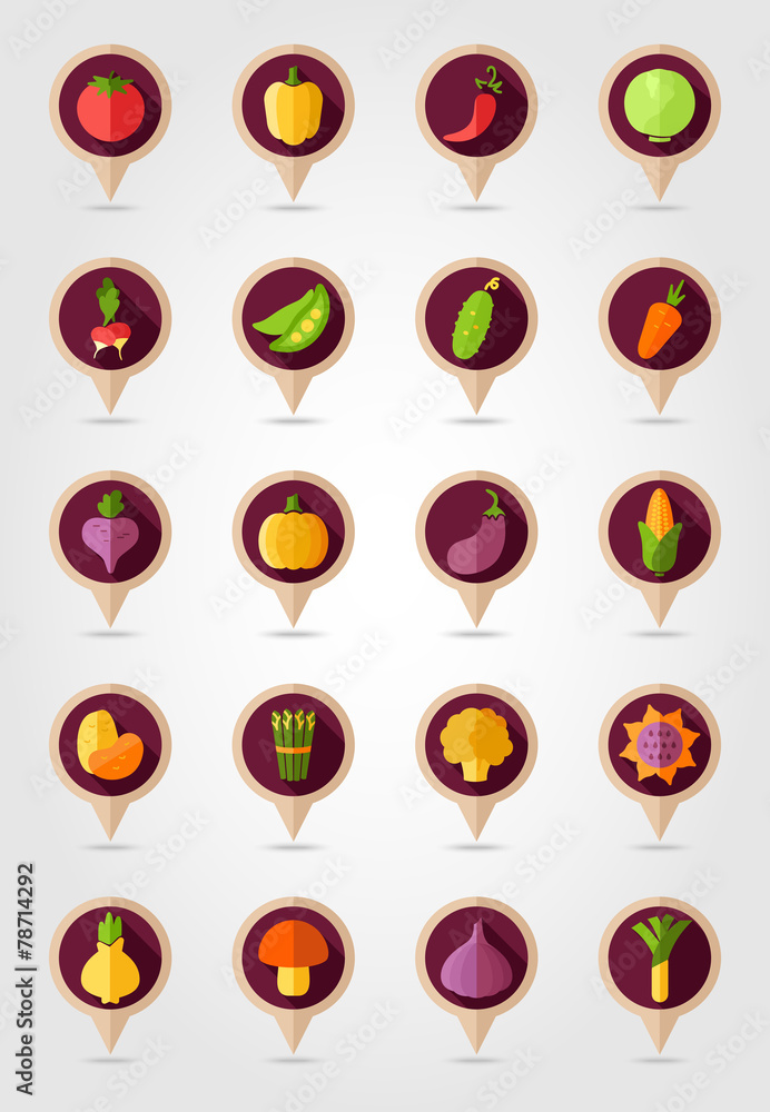 Vegetable mapping pins icons with long shadow Vegetable mapping pins icons with long shadow