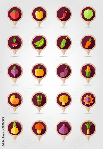 Vegetable mapping pins icons with long shadow