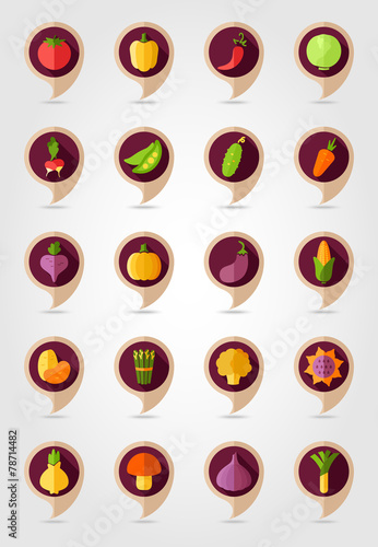 Vegetable mapping pins icons with long shadow
