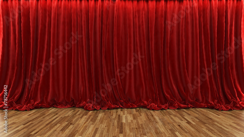 3d rendering theater stage with red curtain and wooden floor photo