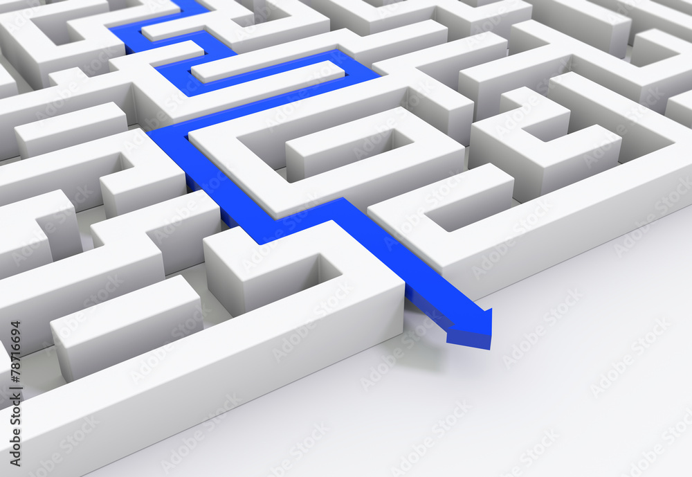 Blue arrow leads through a maze Blue arrow leads through a maze