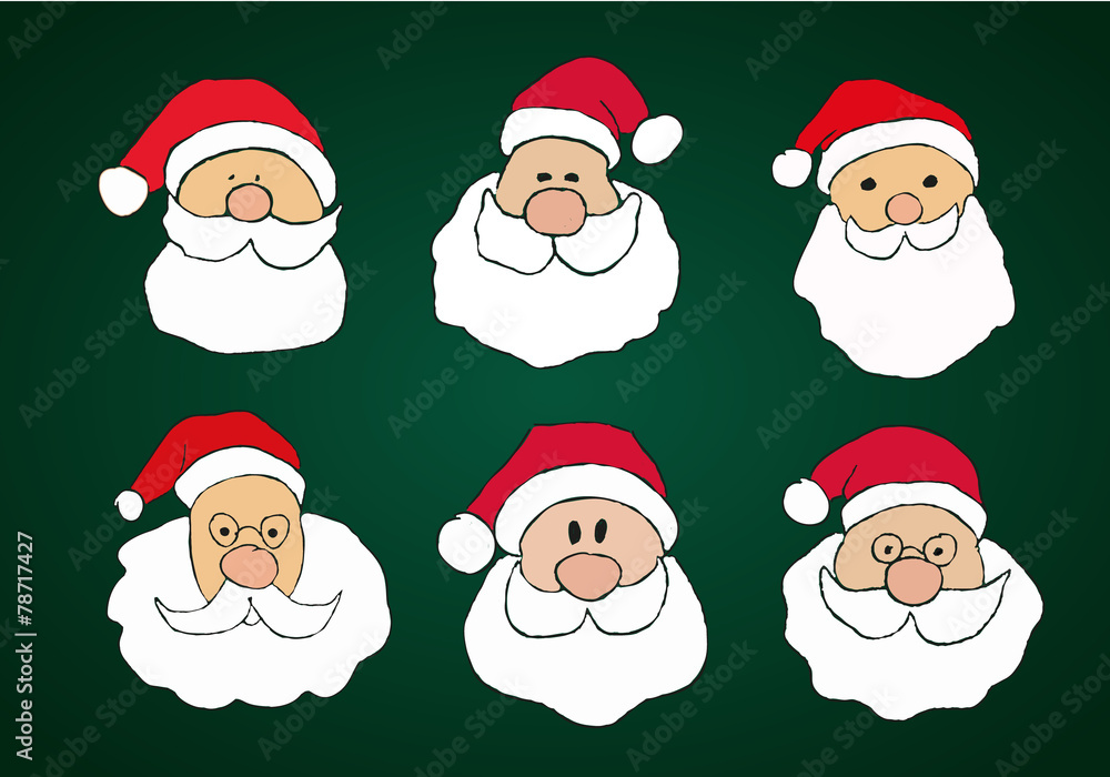 Funny Hand Drawn Santa Clauses Set on Dark Green Background