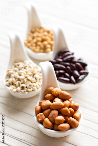 collection set of beans, legumes, peas, lentils on ceramic spoon