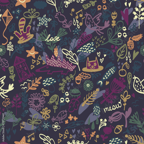 Seamless floral pattern with bird and cat