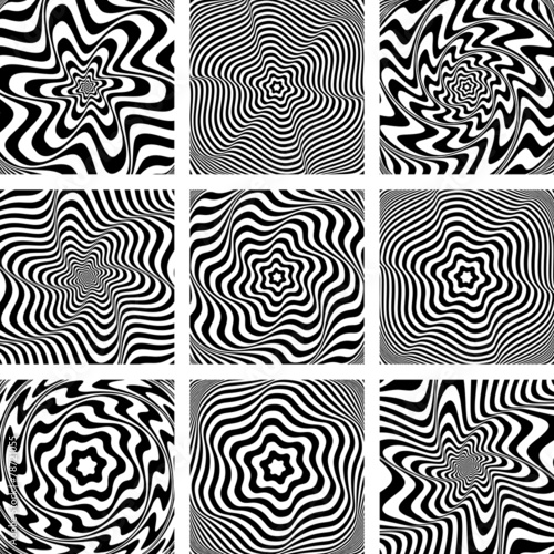 Torsion movement illusion. Op art patterns set.