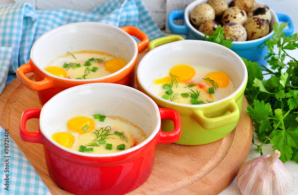 Italian style, Eggs baked with mozzarella and green onion, Italian style, Eggs baked with mozzarella and green onion,