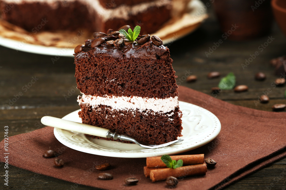 Delicious chocolate cake on table close-up Delicious chocolate cake on table close-up