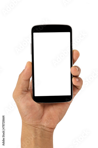 Hand holding White Smartphone, mobile, with blank screen on white isolated background, mobile.
