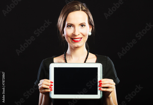 woman retro style showing tablet