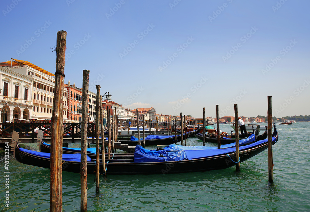 Gondolas moored. Venice, Italy