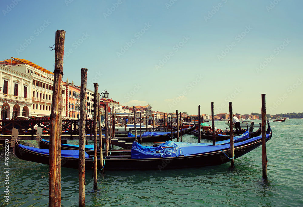 Gondolas moored. Venice, Italy, Europe