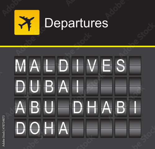 flip alphabet airport departures, Maldives, Dubai, Abu Dhabi
