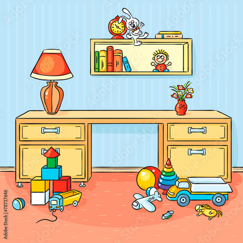 Children room with a lot of toys scattered on the floor