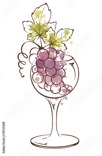 Watercolor illustration, vector -- bunch of grapes in wineglass