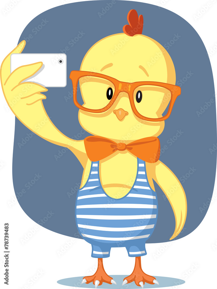 Fototapeta premium Hipster Easter Chick Takes Selfie with Smartphone