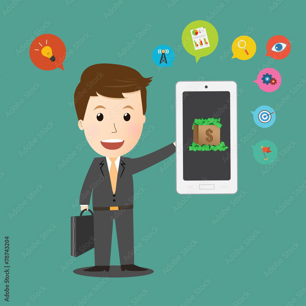 Businessman holding smart phone with Business icon make money Businessman holding smart phone with Business icon make money