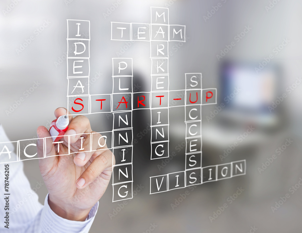 Businessman write business start-up diagram on wall glass Businessman write business start-up diagram on wall glass