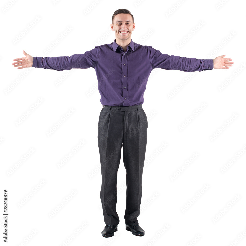 young casual man welcoming you white background with hands on young casual man welcoming you white background with hands on