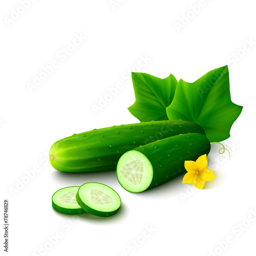 Cucumber with slices, flower and leaves on white background