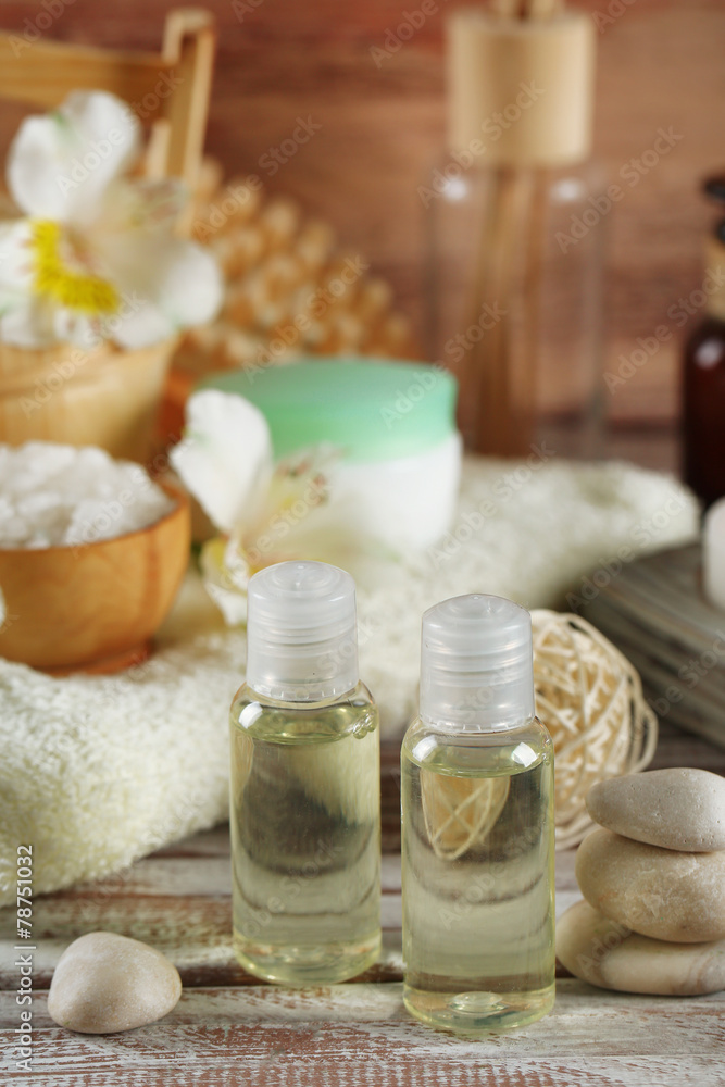 Composition of spa treatment on wooden background Composition of spa treatment on wooden background