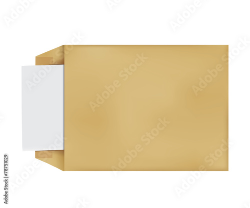 Brown Vintage Envelope with blank paper on white.