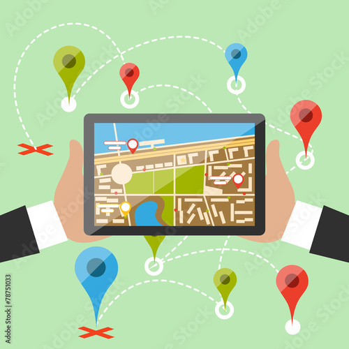 Hands hold smartphone with imaginary city