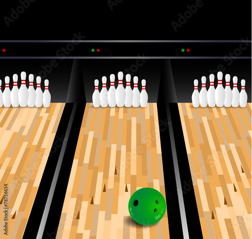 Bowling ball and skittle on wooden floor