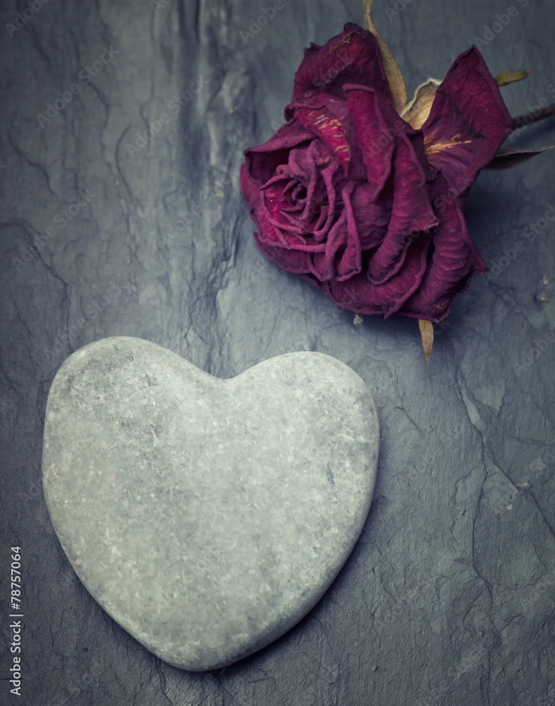 Fototapeta premium Grey zen heart shaped rock with a half dead rose on a tile backg